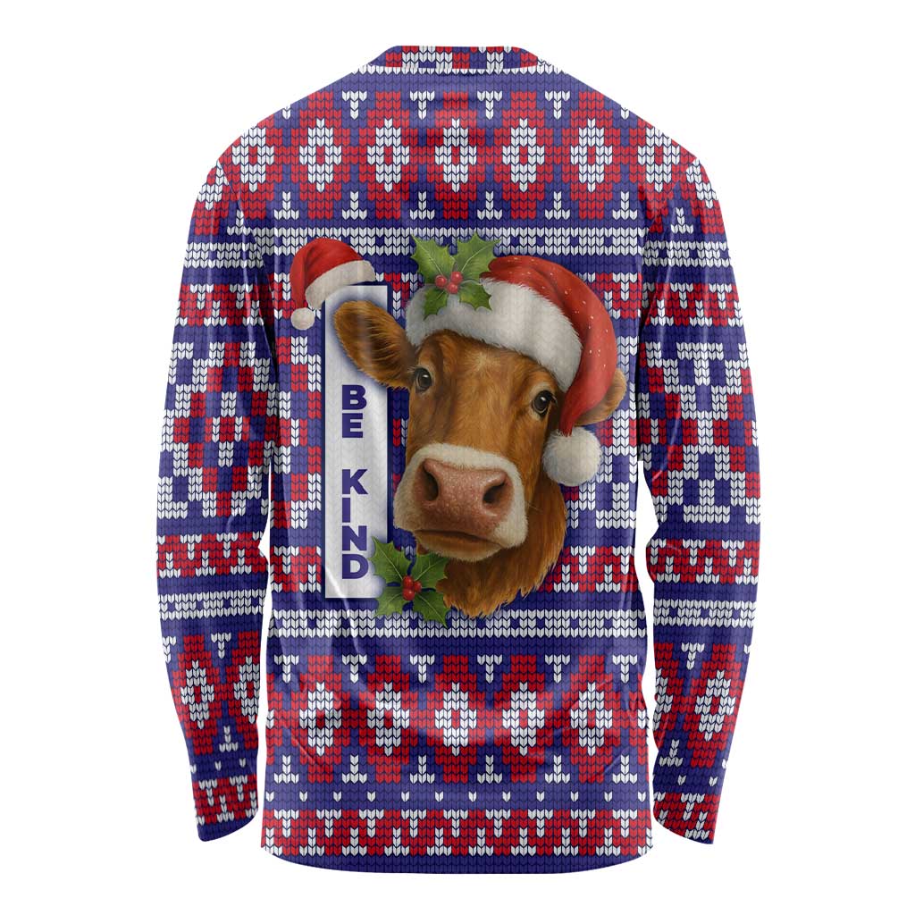 Cow in Santa Hat Be Kind Message Long Sleeve Shirt with Red Blue Knit Pattern Design - Wonder Print Shop