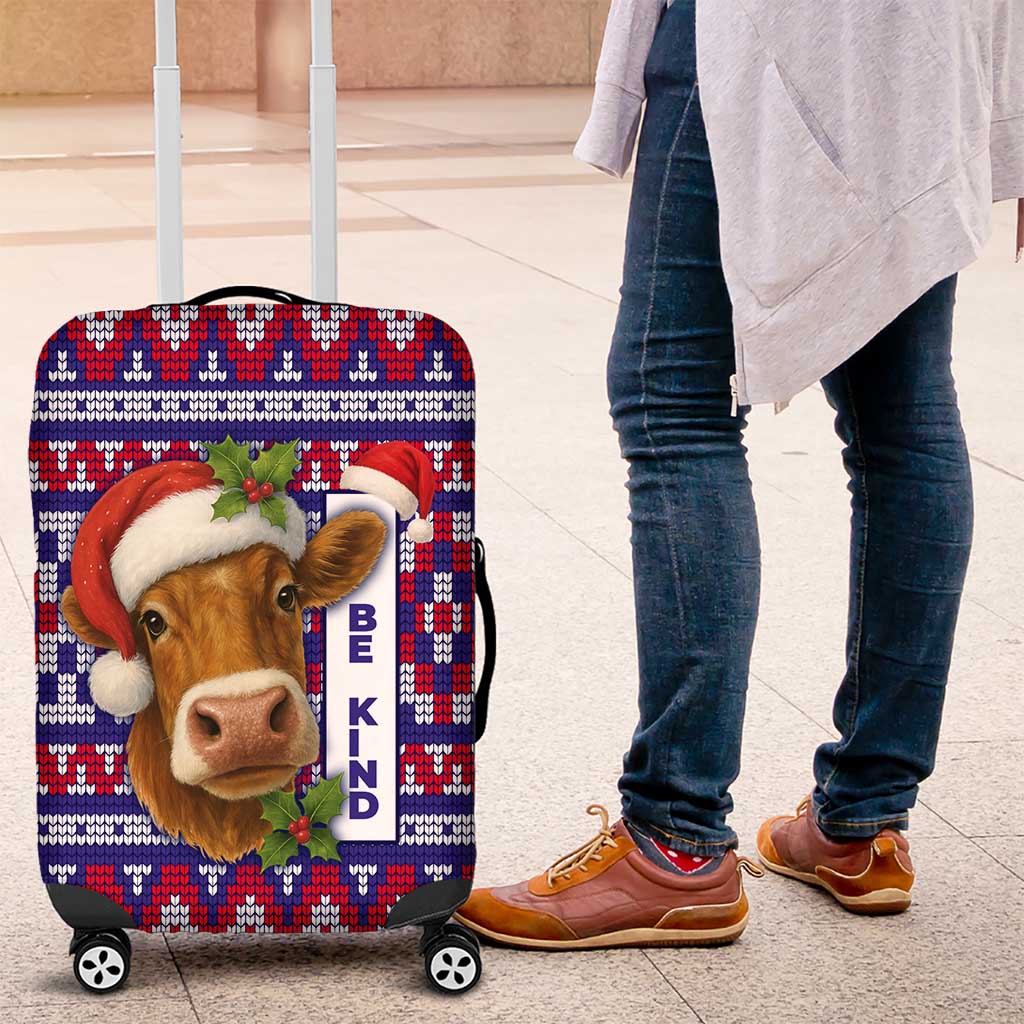 Cow in Santa Hat Be Kind Message Luggage Cover with Red Blue Knit Pattern Design - Wonder Print Shop