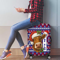 Cow in Santa Hat Be Kind Message Luggage Cover with Red Blue Knit Pattern Design - Wonder Print Shop