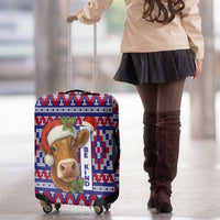 Cow in Santa Hat Be Kind Message Luggage Cover with Red Blue Knit Pattern Design - Wonder Print Shop