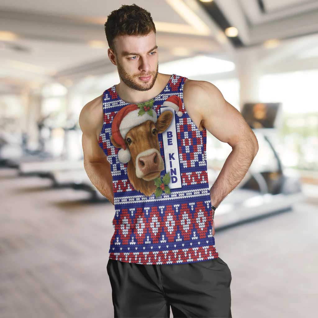 Cow in Santa Hat Be Kind Message Men Tank Top with Red Blue Knit Pattern Design - Wonder Print Shop