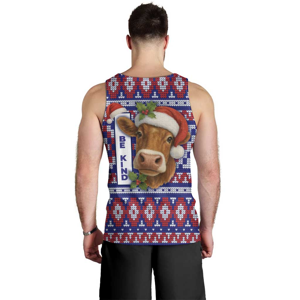 Cow in Santa Hat Be Kind Message Men Tank Top with Red Blue Knit Pattern Design - Wonder Print Shop