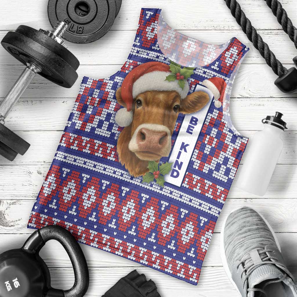 Cow in Santa Hat Be Kind Message Men Tank Top with Red Blue Knit Pattern Design - Wonder Print Shop