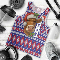 Cow in Santa Hat Be Kind Message Men Tank Top with Red Blue Knit Pattern Design - Wonder Print Shop