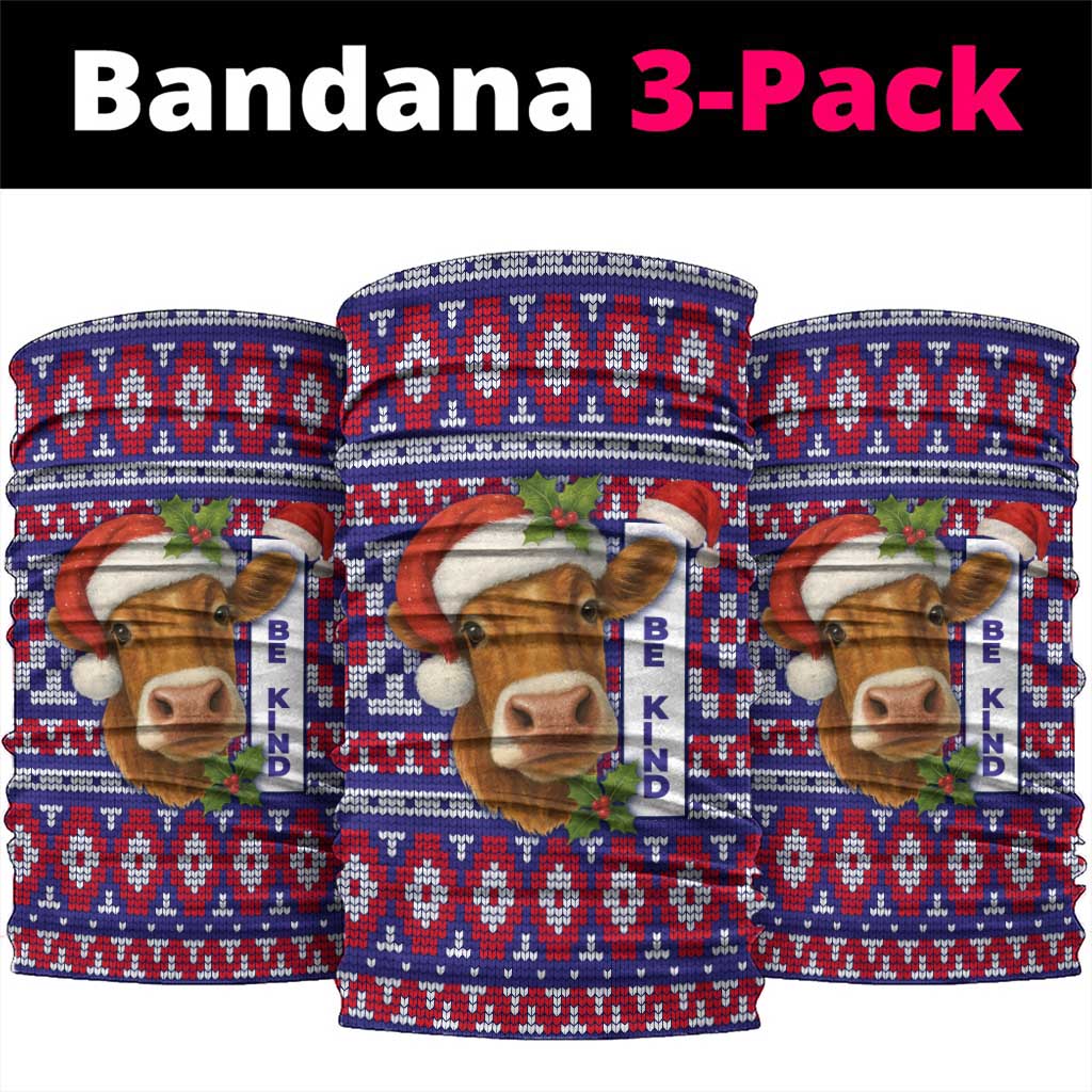 Cow in Santa Hat Be Kind Message Neck Gaiter with Red Blue Knit Pattern Design - Wonder Print Shop