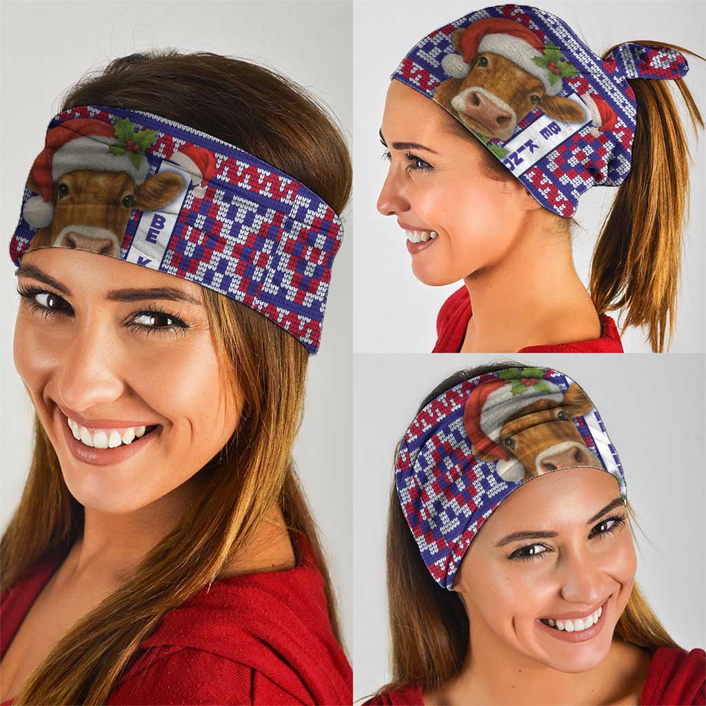 Cow in Santa Hat Be Kind Message Neck Gaiter with Red Blue Knit Pattern Design - Wonder Print Shop