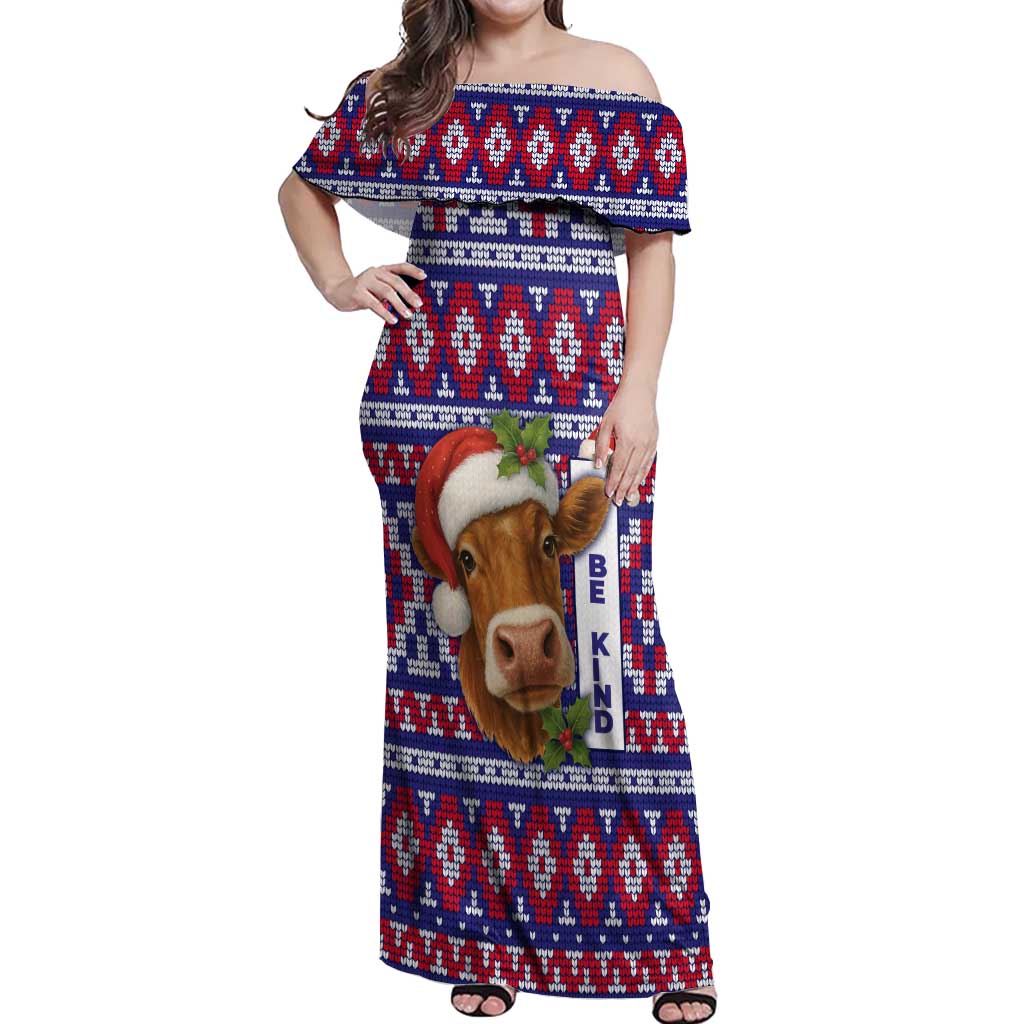 Cow in Santa Hat Be Kind Message Off Shoulder Maxi Dress with Red Blue Knit Pattern Design - Wonder Print Shop