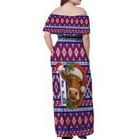 Cow in Santa Hat Be Kind Message Off Shoulder Maxi Dress with Red Blue Knit Pattern Design - Wonder Print Shop