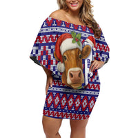 Cow in Santa Hat Be Kind Message Off Shoulder Short Dress with Red Blue Knit Pattern Design - Wonder Print Shop