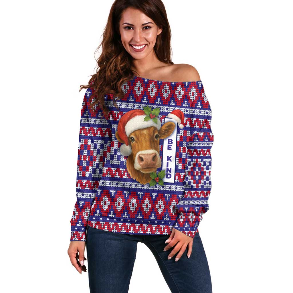 Cow in Santa Hat Be Kind Message Off Shoulder Sweater with Red Blue Knit Pattern Design - Wonder Print Shop