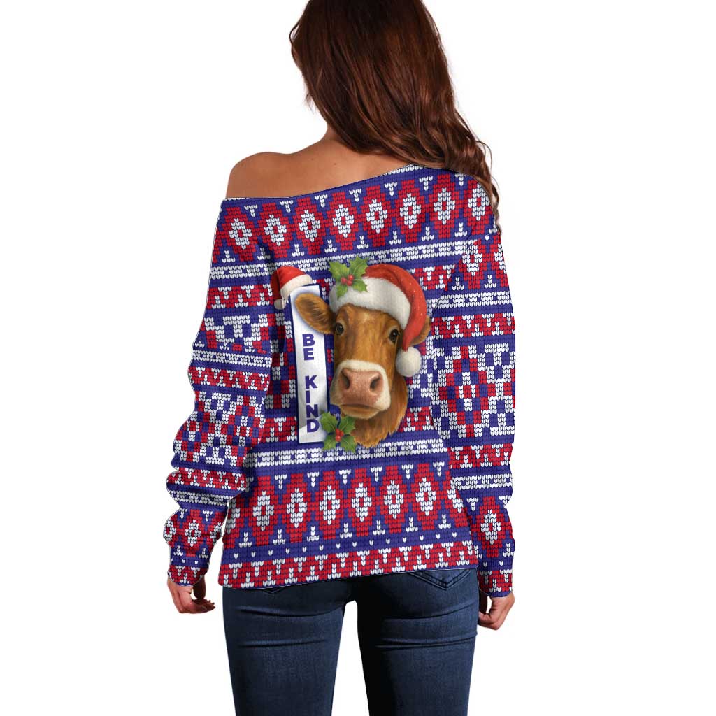 Cow in Santa Hat Be Kind Message Off Shoulder Sweater with Red Blue Knit Pattern Design - Wonder Print Shop
