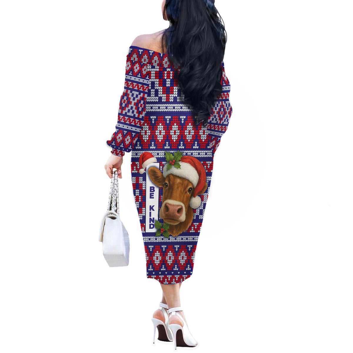 Cow in Santa Hat Be Kind Message Off The Shoulder Long Sleeve Dress with Red Blue Knit Pattern Design - Wonder Print Shop
