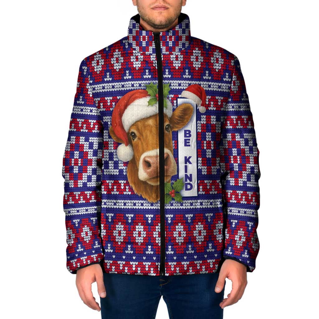 Cow in Santa Hat Be Kind Message Padded Jacket with Red Blue Knit Pattern Design - Wonder Print Shop
