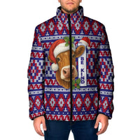 Cow in Santa Hat Be Kind Message Padded Jacket with Red Blue Knit Pattern Design - Wonder Print Shop