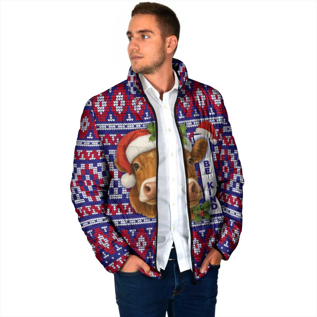 Cow in Santa Hat Be Kind Message Padded Jacket with Red Blue Knit Pattern Design - Wonder Print Shop