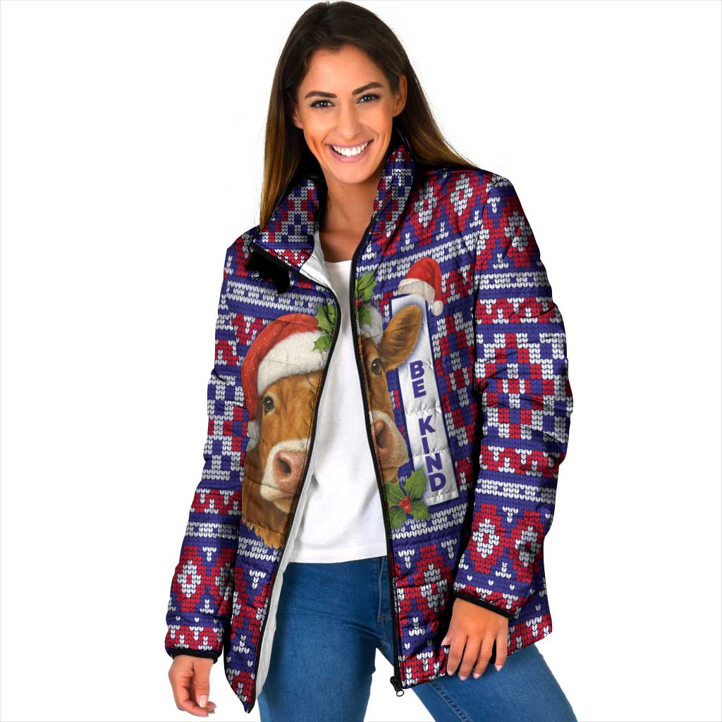 Cow in Santa Hat Be Kind Message Padded Jacket with Red Blue Knit Pattern Design - Wonder Print Shop