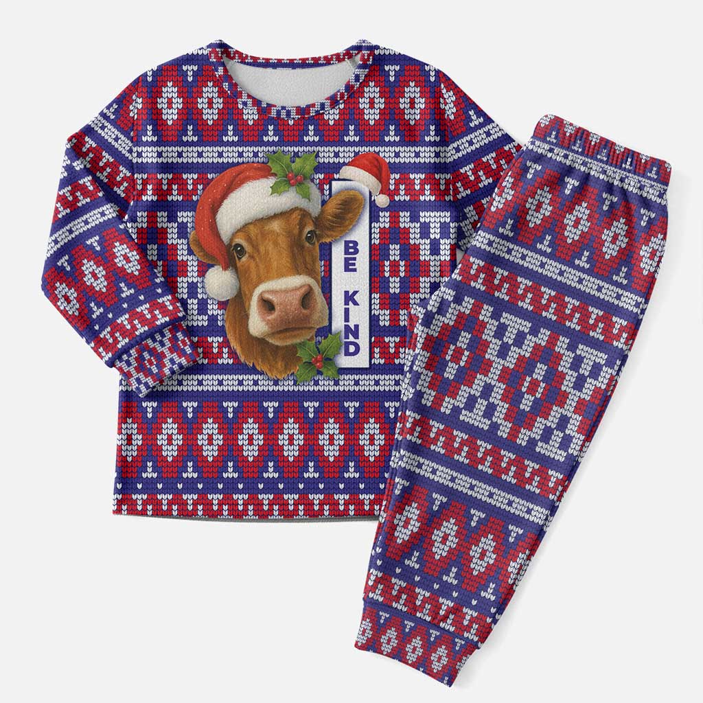 Cow in Santa Hat Be Kind Message Christmas Pajama Set with Red Blue Knit Pattern Design - Wonder Print Shop