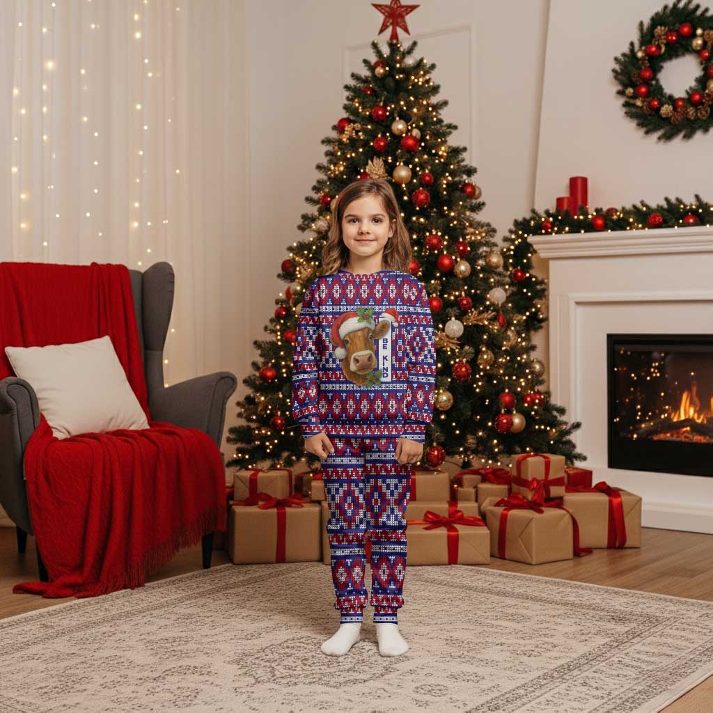 Cow in Santa Hat Be Kind Message Christmas Pajama Set with Red Blue Knit Pattern Design - Wonder Print Shop