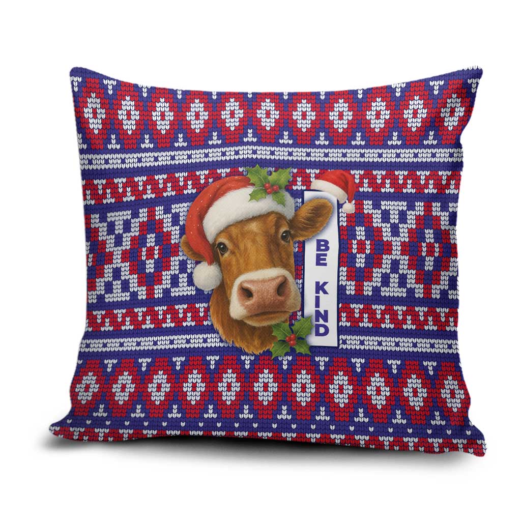 Cow in Santa Hat Be Kind Message Pillow Cover with Red Blue Knit Pattern Design - Wonder Print Shop