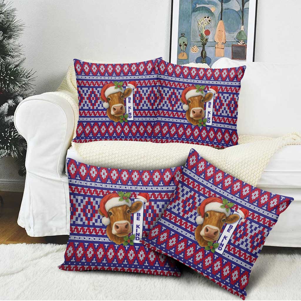 Cow in Santa Hat Be Kind Message Pillow Cover with Red Blue Knit Pattern Design - Wonder Print Shop