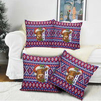 Cow in Santa Hat Be Kind Message Pillow Cover with Red Blue Knit Pattern Design - Wonder Print Shop
