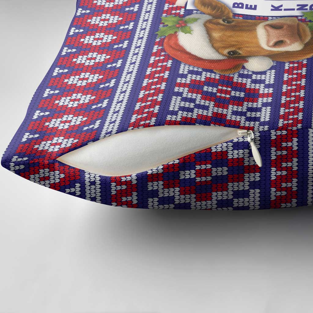 Cow in Santa Hat Be Kind Message Pillow Cover with Red Blue Knit Pattern Design - Wonder Print Shop