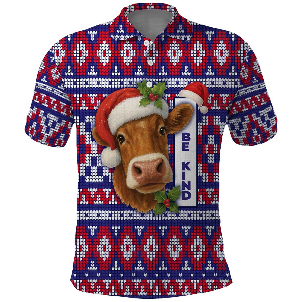 Cow in Santa Hat Be Kind Message Polo Shirt with Red Blue Knit Pattern Design - Wonder Print Shop