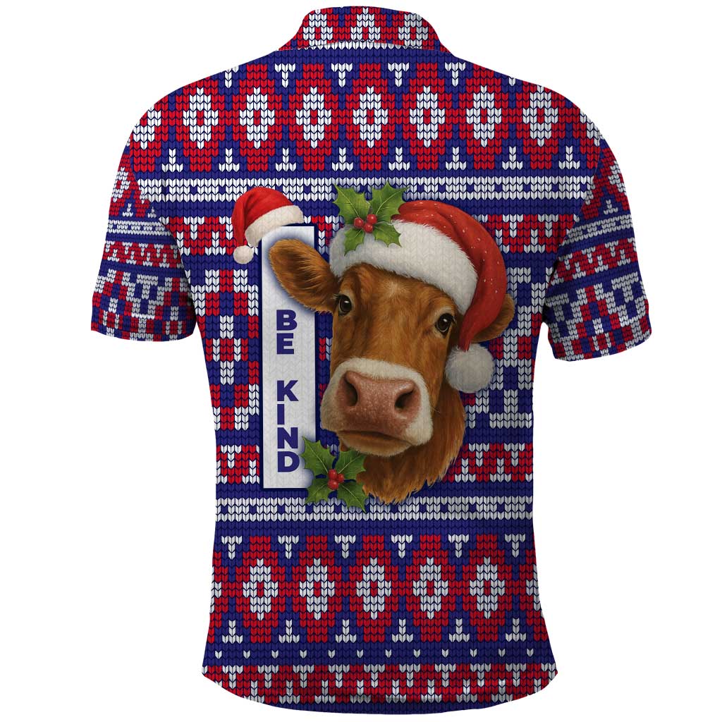 Cow in Santa Hat Be Kind Message Polo Shirt with Red Blue Knit Pattern Design - Wonder Print Shop