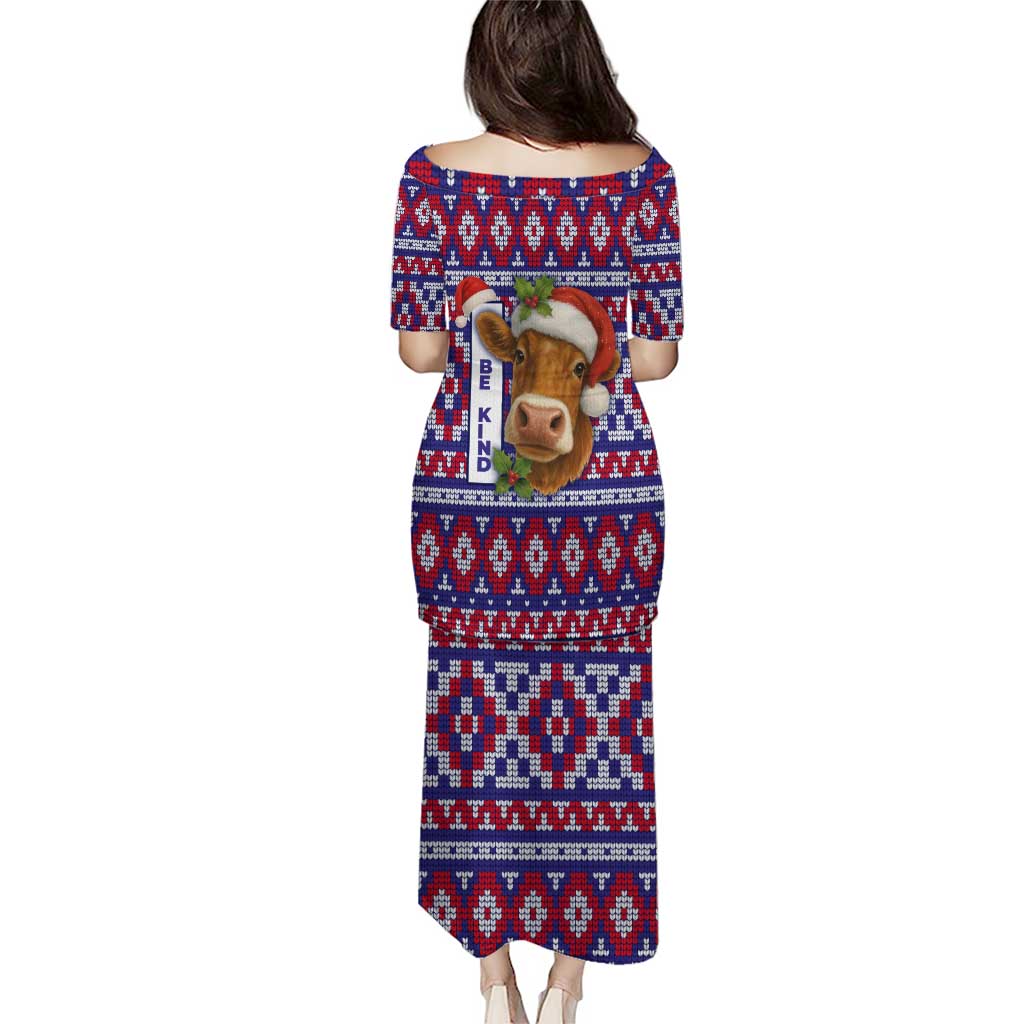 Cow in Santa Hat Be Kind Message Puletasi with Red Blue Knit Pattern Design - Wonder Print Shop