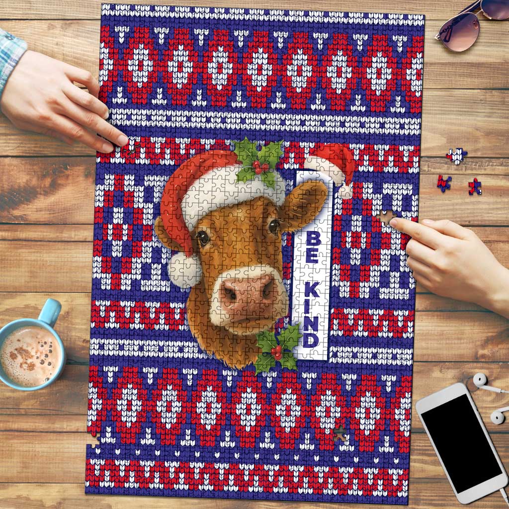 Cow in Santa Hat Be Kind Message Puzzle with Red Blue Knit Pattern Design - Wonder Print Shop
