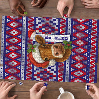 Cow in Santa Hat Be Kind Message Puzzle with Red Blue Knit Pattern Design - Wonder Print Shop