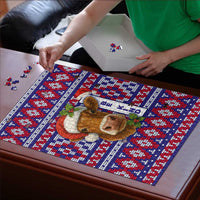 Cow in Santa Hat Be Kind Message Puzzle with Red Blue Knit Pattern Design - Wonder Print Shop