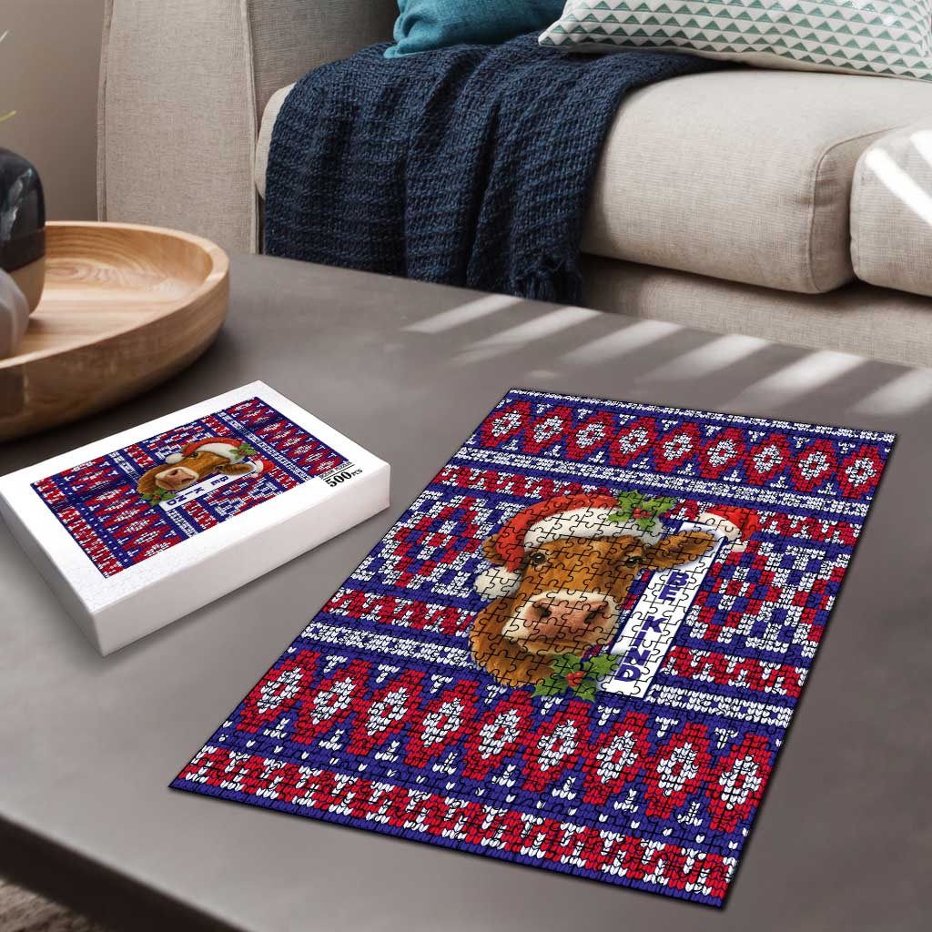 Cow in Santa Hat Be Kind Message Puzzle with Red Blue Knit Pattern Design - Wonder Print Shop