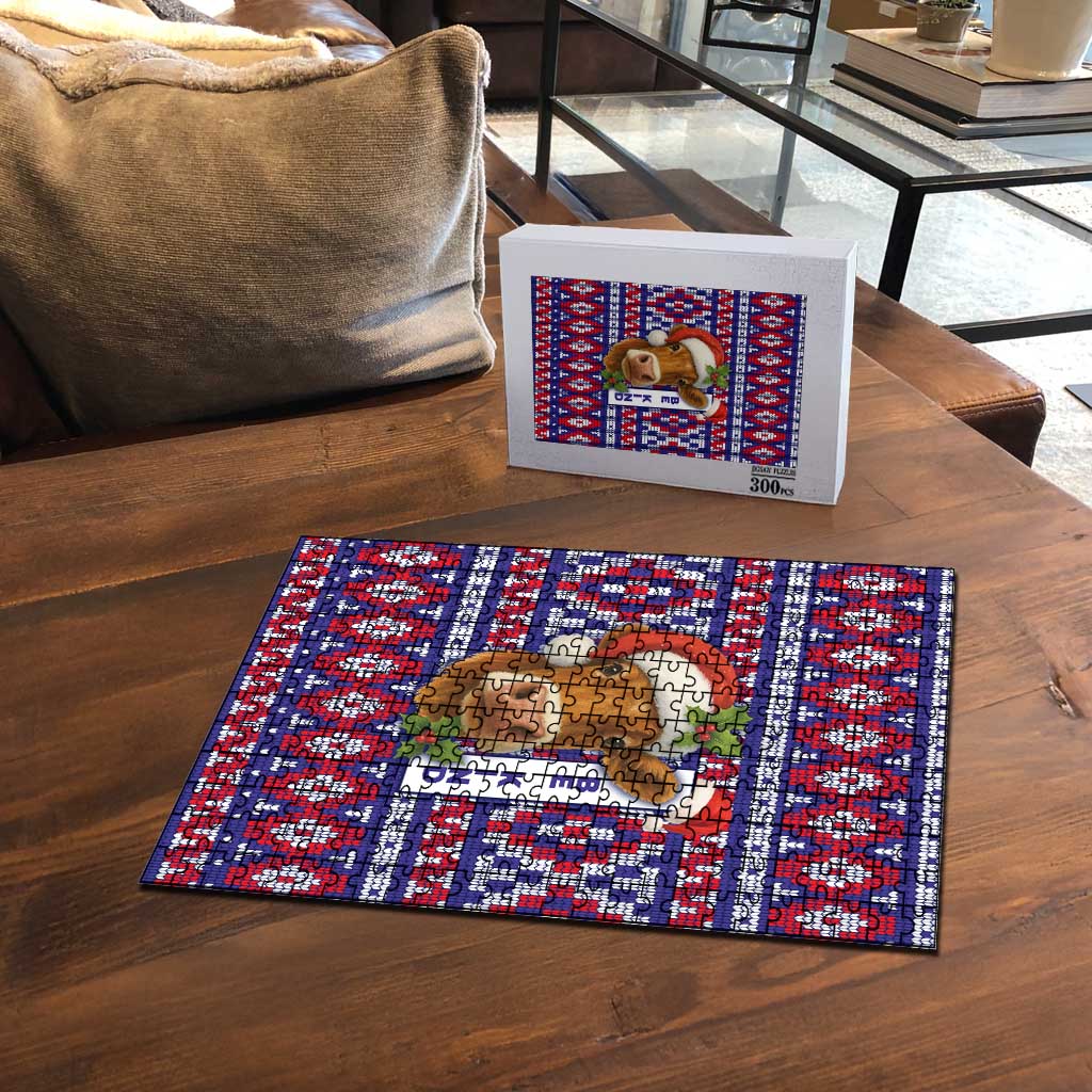 Cow in Santa Hat Be Kind Message Puzzle with Red Blue Knit Pattern Design - Wonder Print Shop