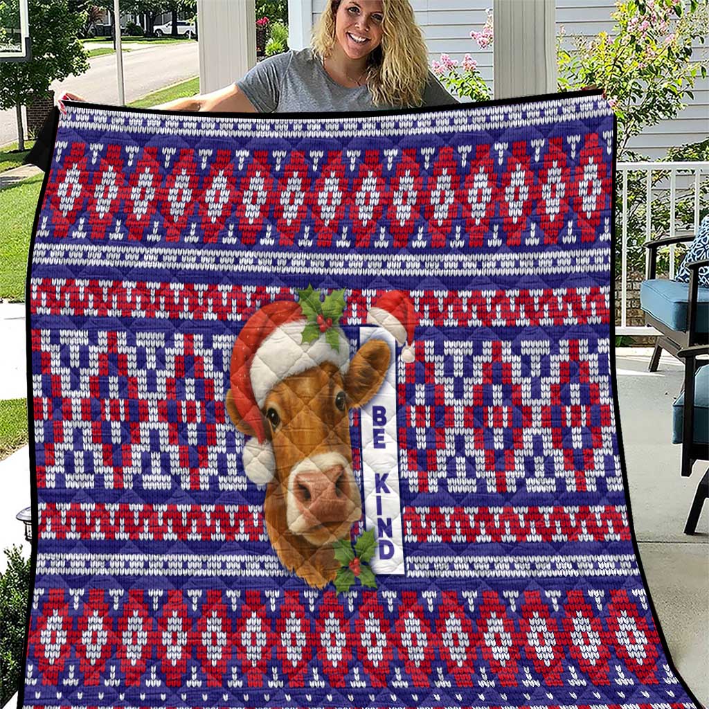 Cow in Santa Hat Be Kind Message Quilt with Red Blue Knit Pattern Design - Wonder Print Shop
