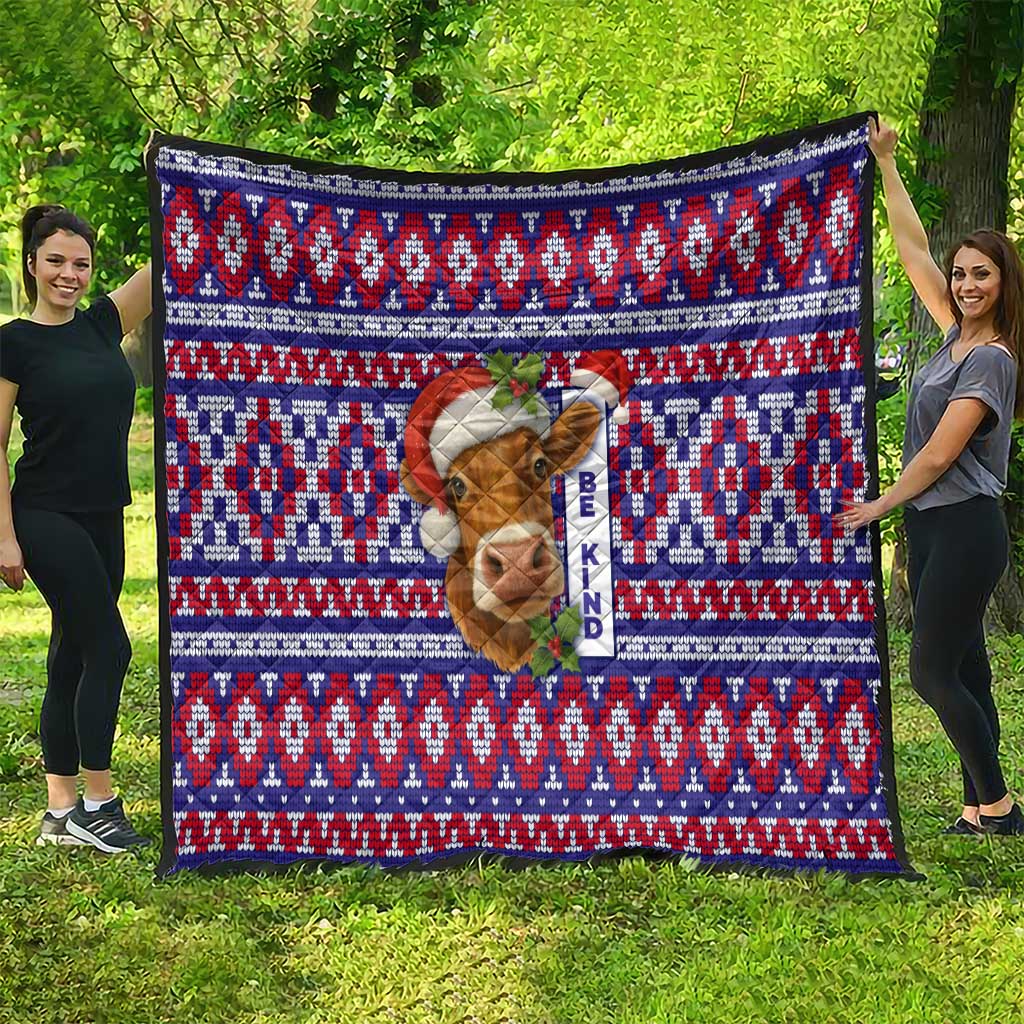 Cow in Santa Hat Be Kind Message Quilt with Red Blue Knit Pattern Design - Wonder Print Shop