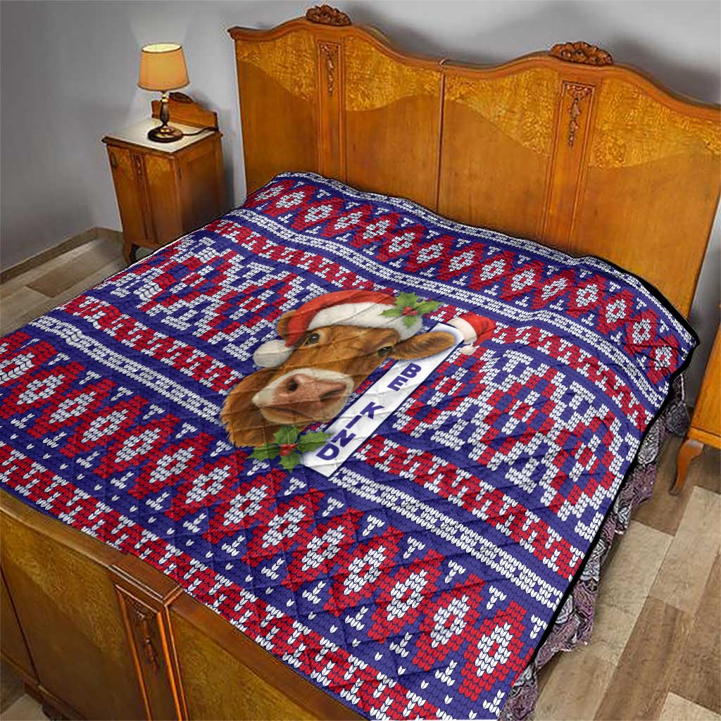 Cow in Santa Hat Be Kind Message Quilt with Red Blue Knit Pattern Design - Wonder Print Shop