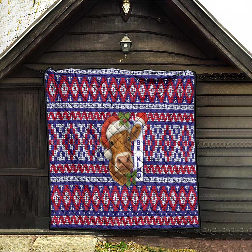 Cow in Santa Hat Be Kind Message Quilt with Red Blue Knit Pattern Design - Wonder Print Shop