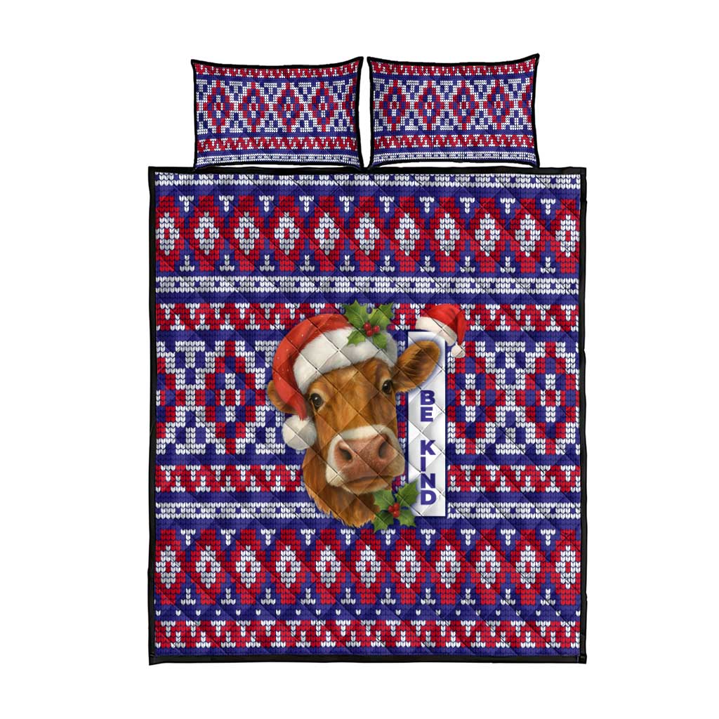 Cow in Santa Hat Be Kind Message Quilt Bed Set with Red Blue Knit Pattern Design - Wonder Print Shop