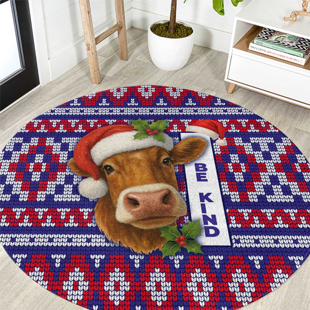 Cow in Santa Hat Be Kind Message Round Carpet with Red Blue Knit Pattern Design - Wonder Print Shop