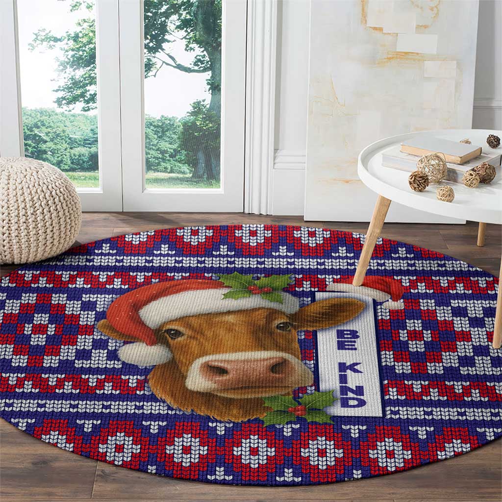 Cow in Santa Hat Be Kind Message Round Carpet with Red Blue Knit Pattern Design - Wonder Print Shop