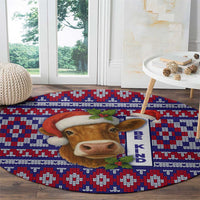 Cow in Santa Hat Be Kind Message Round Carpet with Red Blue Knit Pattern Design - Wonder Print Shop