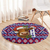 Cow in Santa Hat Be Kind Message Round Carpet with Red Blue Knit Pattern Design - Wonder Print Shop