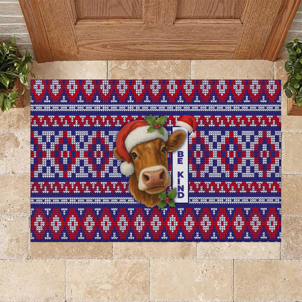 Cow in Santa Hat Be Kind Message Rubber Doormat with Red Blue Knit Pattern Design - Wonder Print Shop