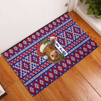 Cow in Santa Hat Be Kind Message Rubber Doormat with Red Blue Knit Pattern Design - Wonder Print Shop