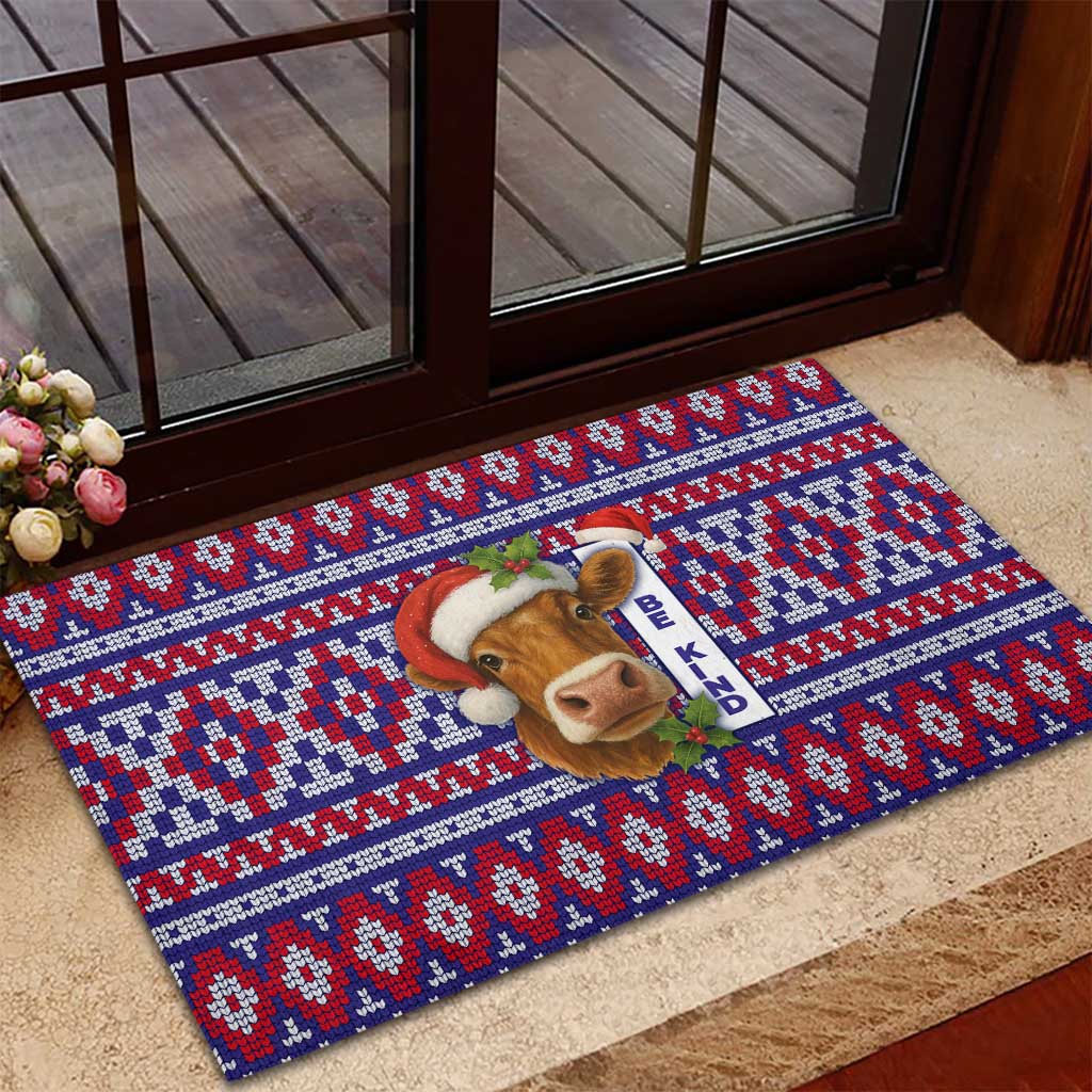Cow in Santa Hat Be Kind Message Rubber Doormat with Red Blue Knit Pattern Design - Wonder Print Shop
