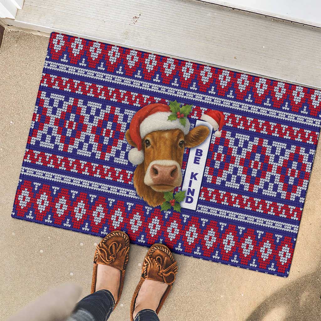 Cow in Santa Hat Be Kind Message Rubber Doormat with Red Blue Knit Pattern Design - Wonder Print Shop