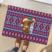 Cow in Santa Hat Be Kind Message Rubber Doormat with Red Blue Knit Pattern Design - Wonder Print Shop