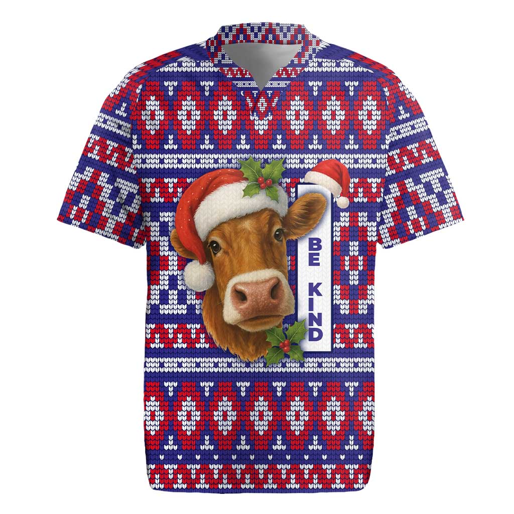 Cow in Santa Hat Be Kind Message Rugby Jersey with Red Blue Knit Pattern Design - Wonder Print Shop