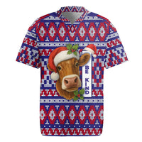 Cow in Santa Hat Be Kind Message Rugby Jersey with Red Blue Knit Pattern Design - Wonder Print Shop